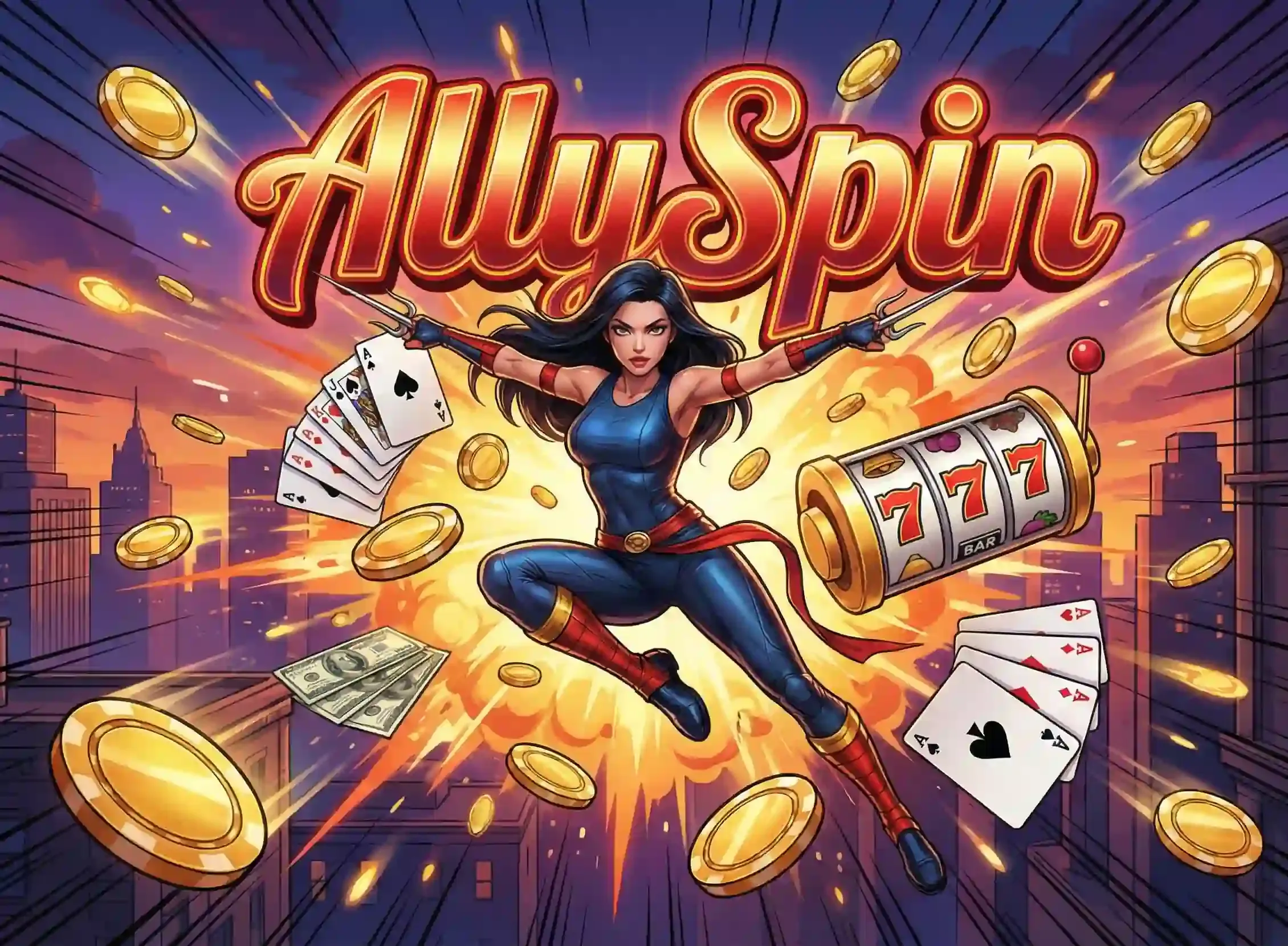 Allyspin casino – potężny bonus powitalny, darmowe spiny i klasyczne automaty do gier na tle miasta.